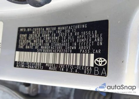 2014 Toyota Corolla S Plus from USA, damaged, VIN 5YFBURHE4EP022078